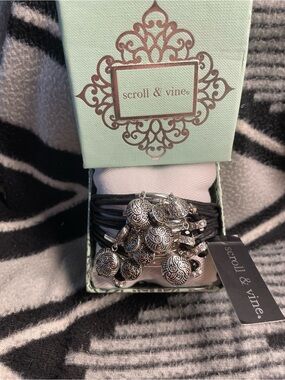 Brand New w/Tags Scroll & Vine Silver Charm Bracelet with Black Cord
